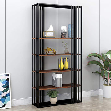 Modern Metal  Etagere Bookshelf Freestanding with 5 Shelving Black & Walnut-Bookcases & Bookshelves,Furniture,Office Furniture